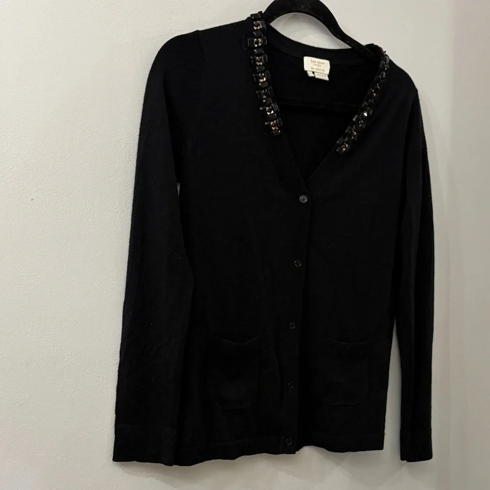 Kate Spade Black Cardigan with Beaded Trim - 100% wool - women’s small